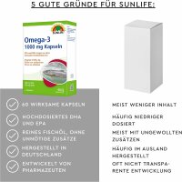 SUNLIFE® Omega 3 Kapseln 1000 mg 60 Stk Fischöl Herzgesundheit Nahrungsergänzung Gehirnfunktion Gesundheitsförderung + 180 mg EPA & 120 mg DHA