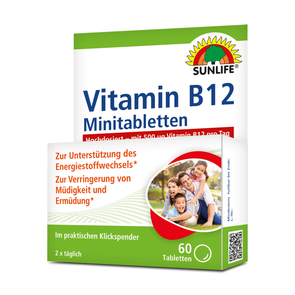 SUNLIFE® Vitamin B12 Minitabletten hochdosiert Nervensystem Herz Gehirnfunktion + Aminosäuren & Vitamin B1 B2 B6