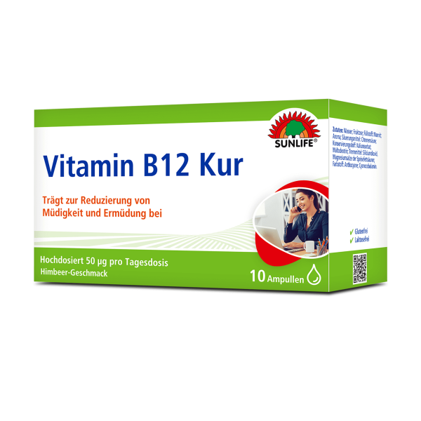 SUNLIFE® Vitamin B12 Kur 10x7ml Ampullen hochdosiert Energiestoffwechsel Energie Nervensystem + Aminosäuren & Vitamin B1 B2 B6