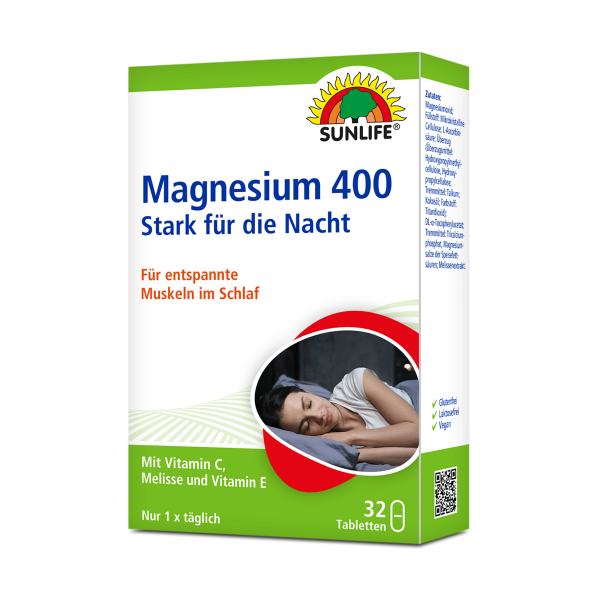 SUNLIFE® Magnesium 400 Nacht Tabletten 32 Stk Muskelkrampf Nervensystem Muskelentspannung Elektrolyte Immunsystem + Vitamin C E & Melisse