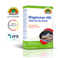 SUNLIFE® Magnesium 400 Nacht Tabletten 32 Stk Muskelkrampf Nervensystem Muskelentspannung Elektrolyte Immunsystem + Vitamin C E & Melisse
