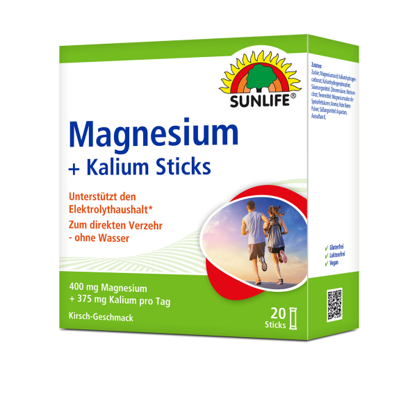 SUNLIFE® Magnesium 400 mg + Kalium Sticks 20 Stk Kirsche Elektrolyt-Gleichgewicht + 375 mg Kalium Muskeln Sport Knochenunterstützung