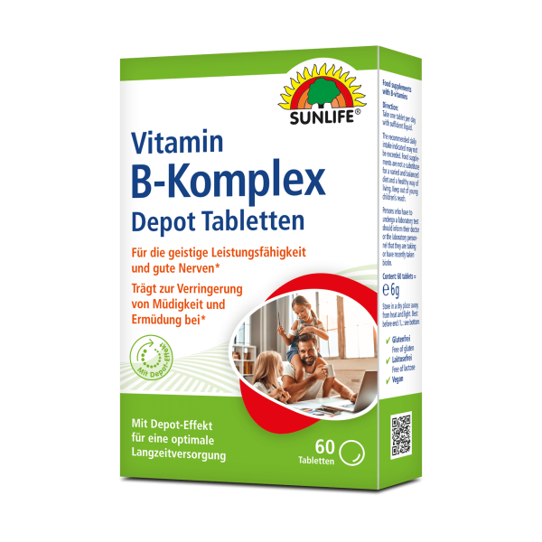 SUNLIFE® Vitamin B-Komplex Depot Tabletten 60 Stk Energiestoffwechsel Langzeitversorgung Energie Nervensystem + Aminosäuren & Vitamin B1 B2 B6