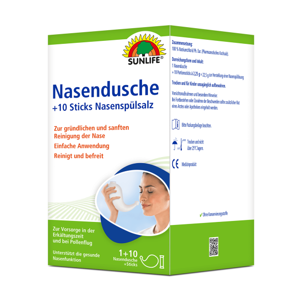SUNLIFE® Nasendusche + 10 Sticks Nasenspülsalz Nasenspülung bei Erkältung/Pollen Erkältung Allergie Nasenreinigung