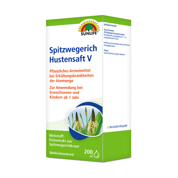 SUNLIFE® Spitzwegerich Hustensaft V 200 ml Abhusten Schleimlösend Bronchien Reiz Schleimhautentzündung gereizte Schleimhäute + Antibakteriell