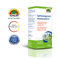 SUNLIFE® Spitzwegerich Hustensaft V 200 ml Abhusten Schleimlösend Bronchien Reiz Schleimhautentzündung gereizte Schleimhäute + Antibakteriell