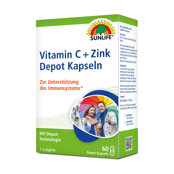 SUNLIFE® Vitamin C + Zink Depot Kapseln 60 Stk Immunsystem Langzeitversorgung Stärkung Abwehrkräfte Gesundheit + Vitalität